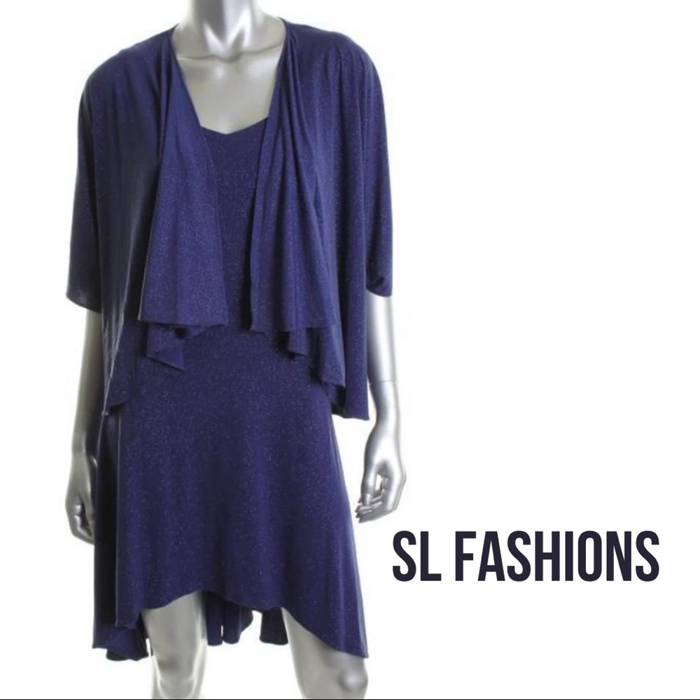SL Fashions NEW 2-Piece Set, Navy, Roller Glitter Cascade Jacket Dress, 10P